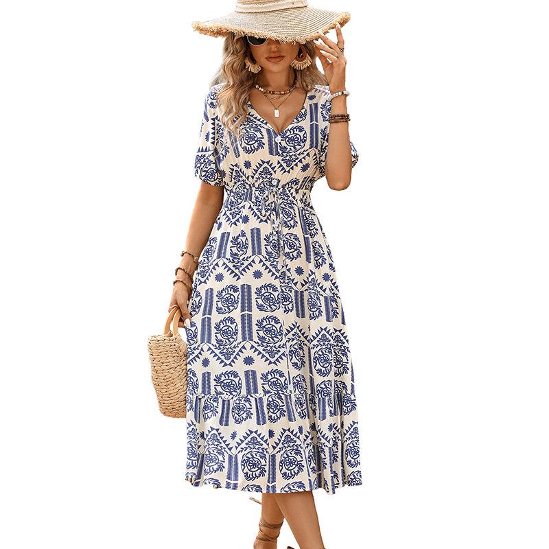 2025 Summer Ethnic Print V-Neck Short Sleeve Dress