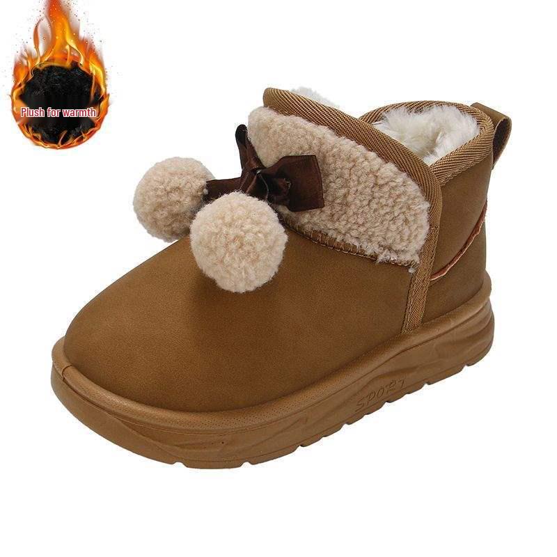Four Seasons Girls' Velvet Snow Boots with Fur Ball Bows and Non-slip Sole.