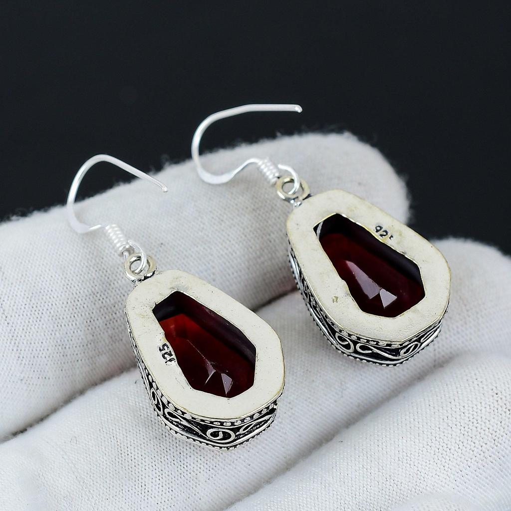 Amazing Red Garnet Coffin Gemstone Earrings, 925 Sterling Silver Earring, Handmade Boho Silver Jewelry Dangle Earrings, Wadding Gift