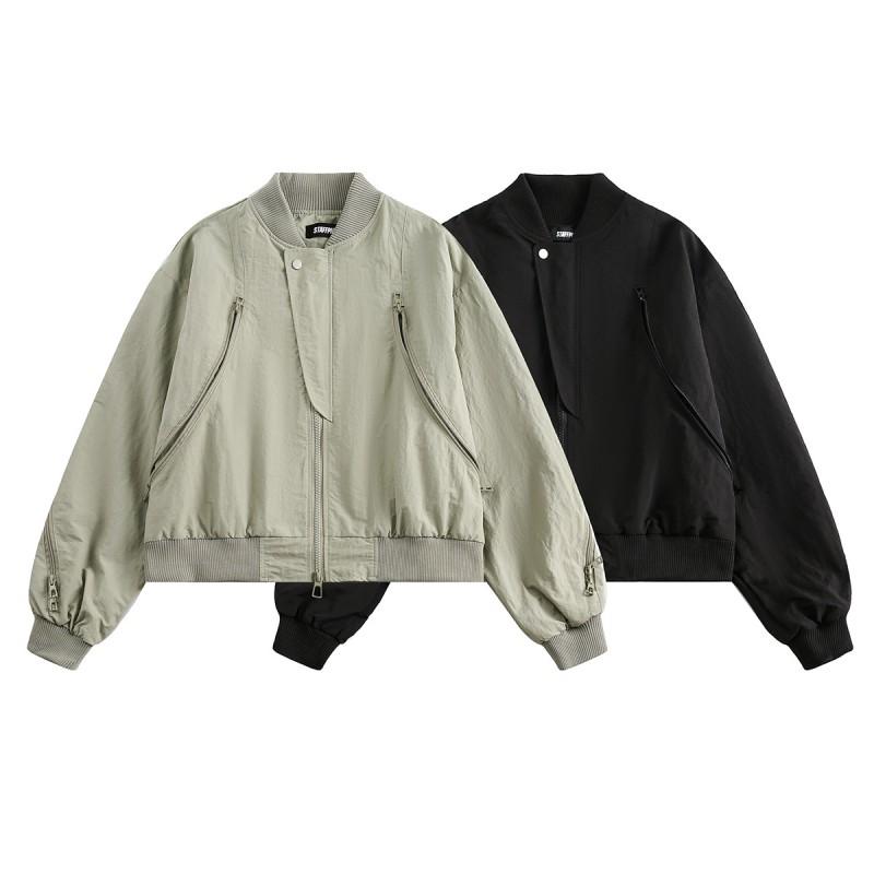 Unisex Retro Zipper Flight Jacket Short Cropped Bomber Style Streetwear Outerwear Fall