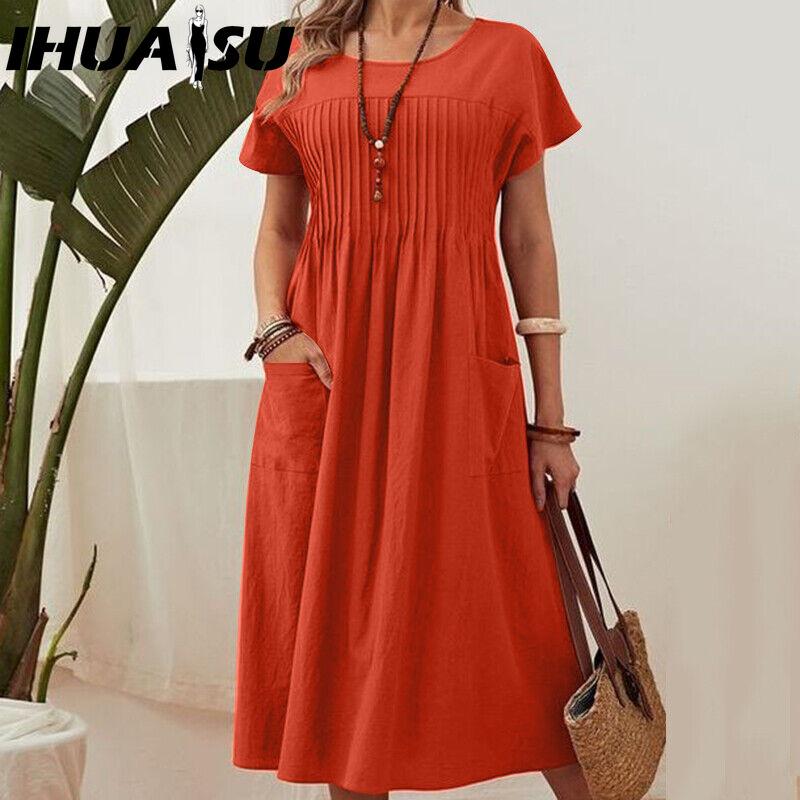 

Летнее женское платье IHUASU больших размеров, длинное, из цельного хлопка и льна, с круглым вырезом, карманами, плиссированными короткими рукавами XXXL красный