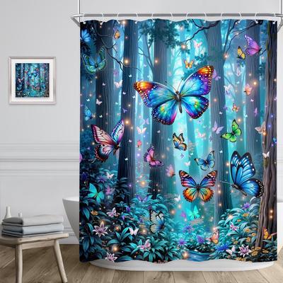 Tenda da Doccia Farfalla Foresta Incantata Blu Alberi Incantati Fiaba Floreale Carino Nebbioso Meraviglioso Natura Magica Bagno