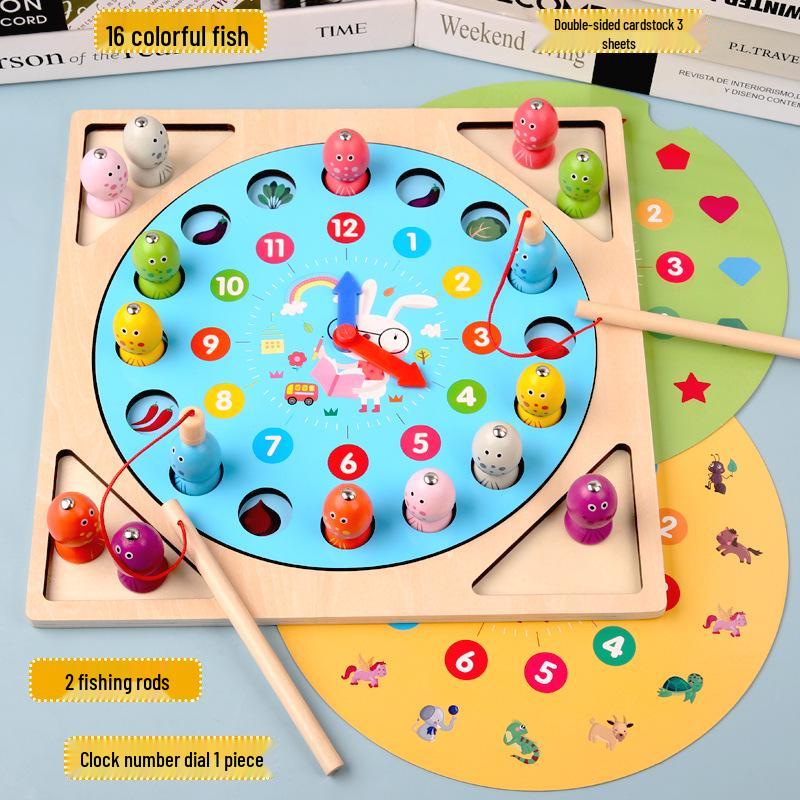 

Kids Educational 3-in-1 Wooden Magnetic Chess & Fishing Toy with Montessori Clock