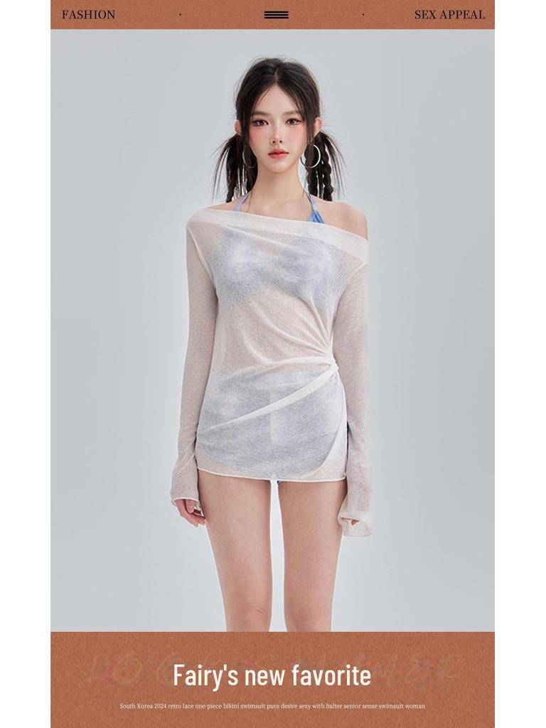 Damski trzyczęściowy zestaw kąpielowy: Bluzka z nadrukiem, Denim, Zakrywająca brzuch dla wyszczuplającego wyglądu, Konserwatywny styl gorących źródeł, Mały biust, Czysta elegancja.