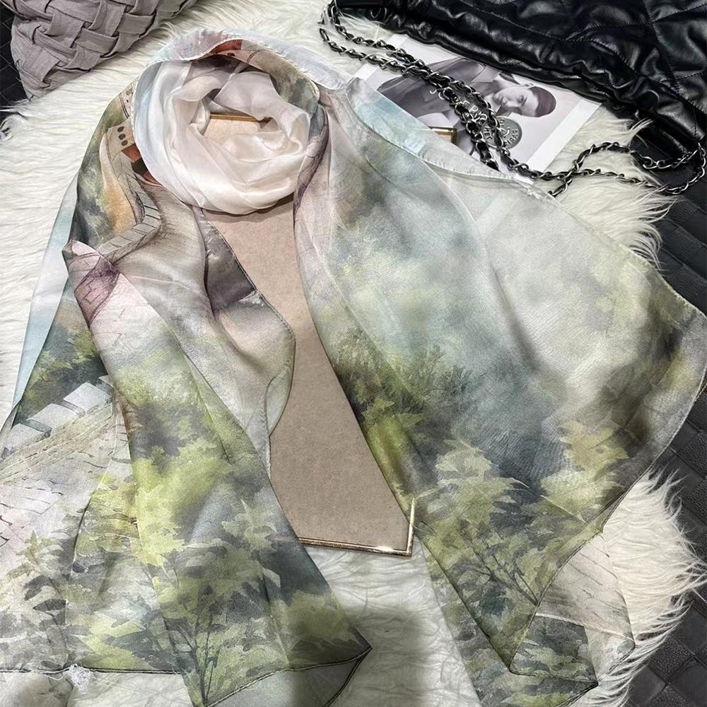 Blue Green 100% Silk Shawl Scarf Women Fashion New Floral Design Long Scarves Wraps Summer Chiffon Beach Scarf Wrap 180*110Cm