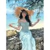 French super fairy square collar one-word shoulder dress women's summer new waist and thin seaside vacation wind beach dress
