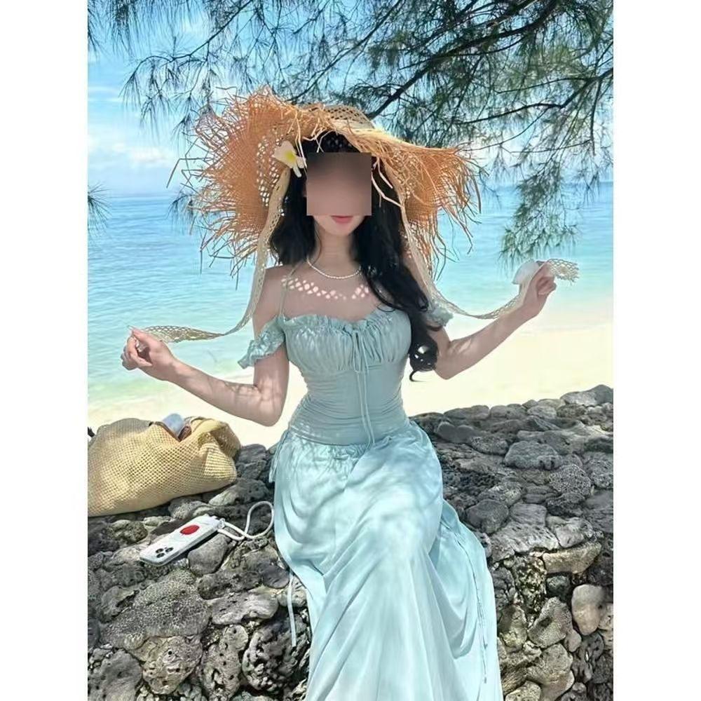 French super fairy square collar one-word shoulder dress women's summer new waist and thin seaside vacation wind beach dress