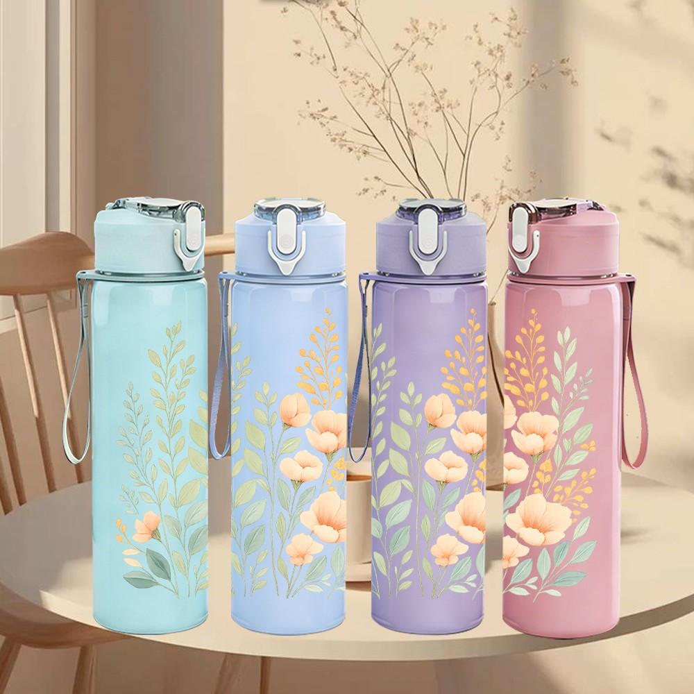 1PC Light Green Leaf Bouquet Art 750ml Color Plastic Sports Water Bottle Leakproof Flip Straw Lid Suitable for Sports Office Home Use