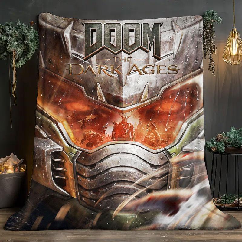 1Pc DOOM Print Flannel Blanket, High quality Comfortable for All Seasons, Home Decor, Warmth and Comfort, Perfect for Christmas Gifts