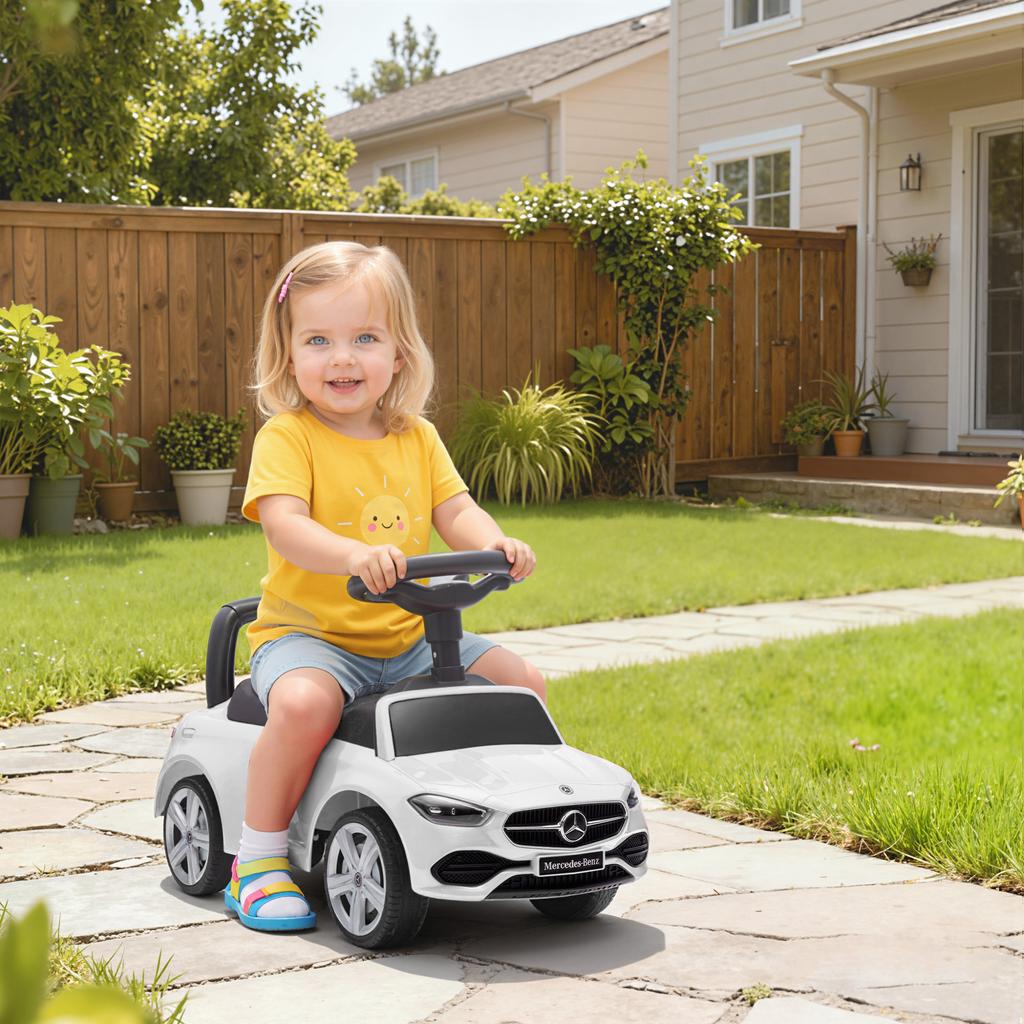 Auto Giocattolo Ufficiale Mercedes-Benz, Camminatore Scivolante Piede su Pavimento con Clacson, Suoni del Motore e Vano Portaoggetti Sotto il Sedile, Bianco