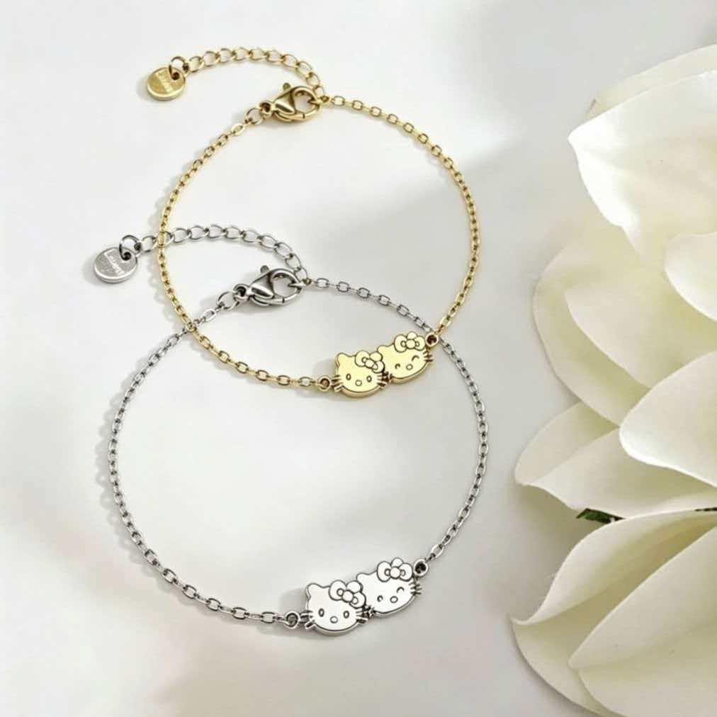 18K Gold Plated Cartoon Cat Double Bracelet - Stainless Steel, Colorfast, Versatile Jewelry for Students & Best Friends