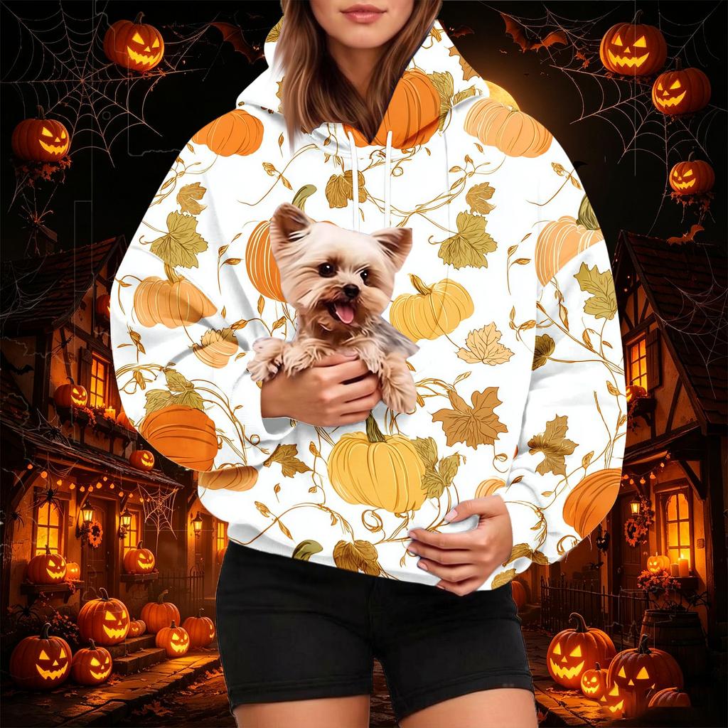 Women's Fashion Halloween Print Hoodie with Pet Pocket, Casual Pullover Sweatshirt for Fall