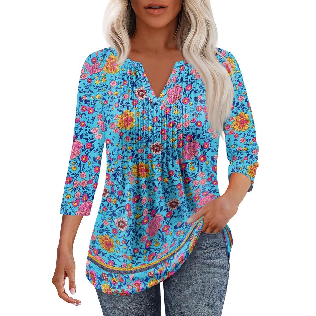 Modisches, lässiges T-Shirt mit plissiertem V-Ausschnitt und einfarbigen Siebenviertelärmeln für Damen