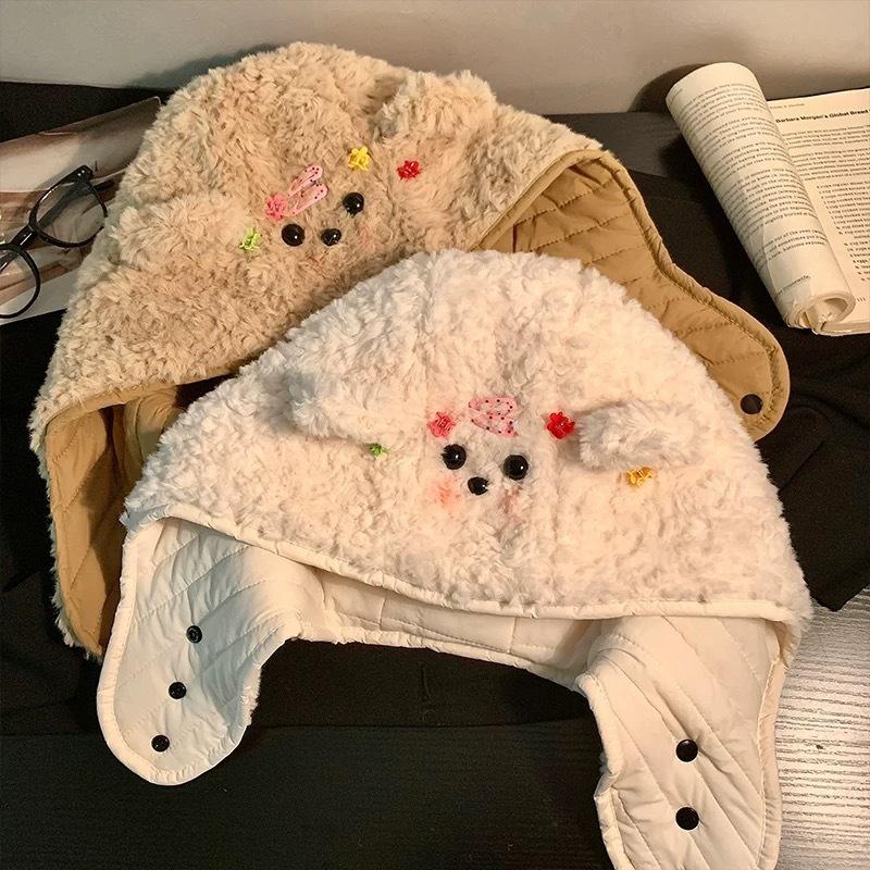 Cute bear hat scarf integrated women's autumn and winter thickened warm plush ear protection hat double-sided pullover Lei Feng hat