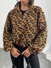 Women's Leopard Print Long Sleeve Fleece Short Coat Autumn Winter Loose Casual Zipper Jackets Halter Neck Outerwears