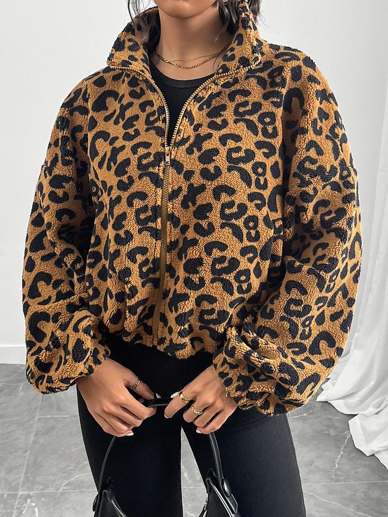 Women's Leopard Print Long Sleeve Fleece Short Coat Autumn Winter Loose Casual Zipper Jackets Halter Neck Outerwears