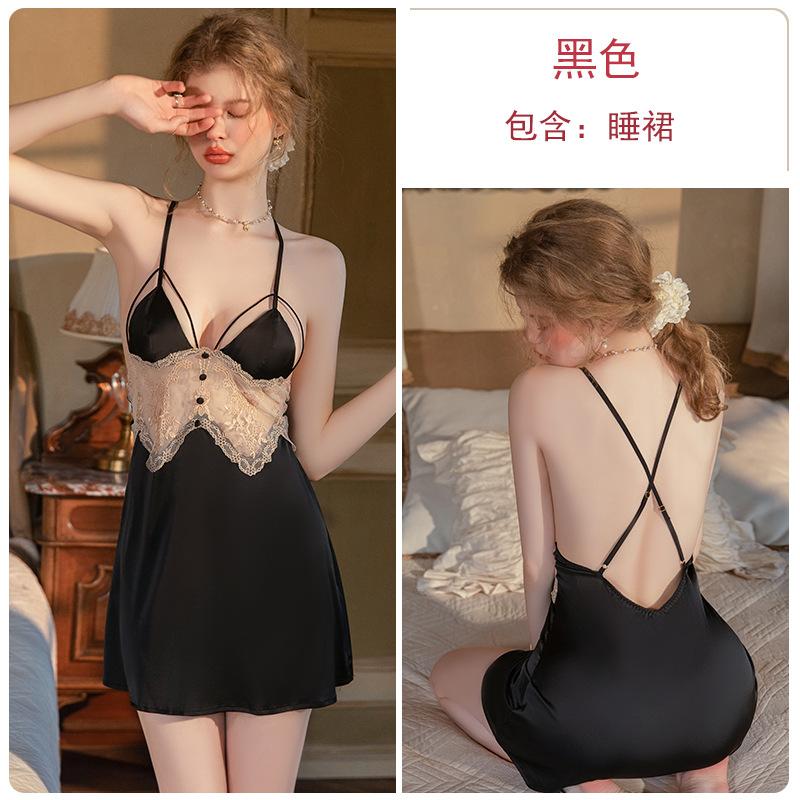 Women's Satin Lace Sheer Padded Slim Backless Cami Sleep Dress with Robe Lounge Set