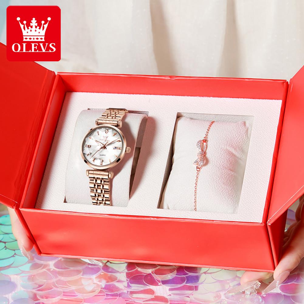 OLEVS 5536 Damenuhr Luxus Quarz-Armbanduhr Wasserdicht Edelstahl Zirkon Zifferblatt Datum Uhren Für Damen Armband Set