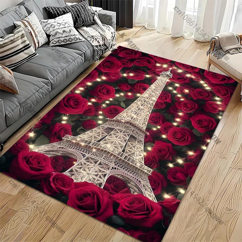 Roses and Eiffel Tower Pattern Rug for Bedroom Living Room Carpets for Girls Room Floor Mat Home Decor Non-Slip Rug Large Size