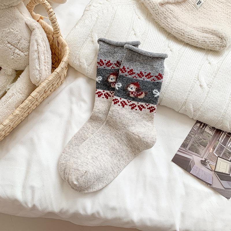 YOUJIAXIU Women's Wool Warmth Fair Isle Mid-Calf Socks - Thickened Plus Velvet, Cute Puppy Design for Autumn/Winter
