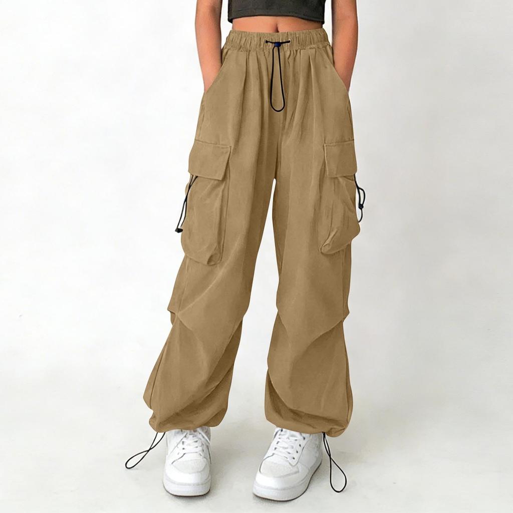 Women's Drawstring Waist Cargo Pants Loose Fit Multi Pocket Trousers with Adjustable Hem for Casual Daily Wear