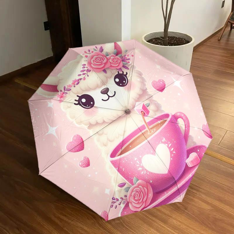 1pc Cute Llama with Floral Crown and Pink Hot Chocolate Umbrella with Plastic Handle,Suitable for All Seasons Home Travel Outdoor UmbrellaDD053