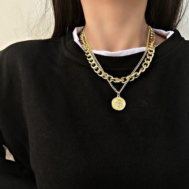European and American Ins Retro Portrait Exaggerated Thick Chain Necklace Double Chain Hip Hop Necklace Short