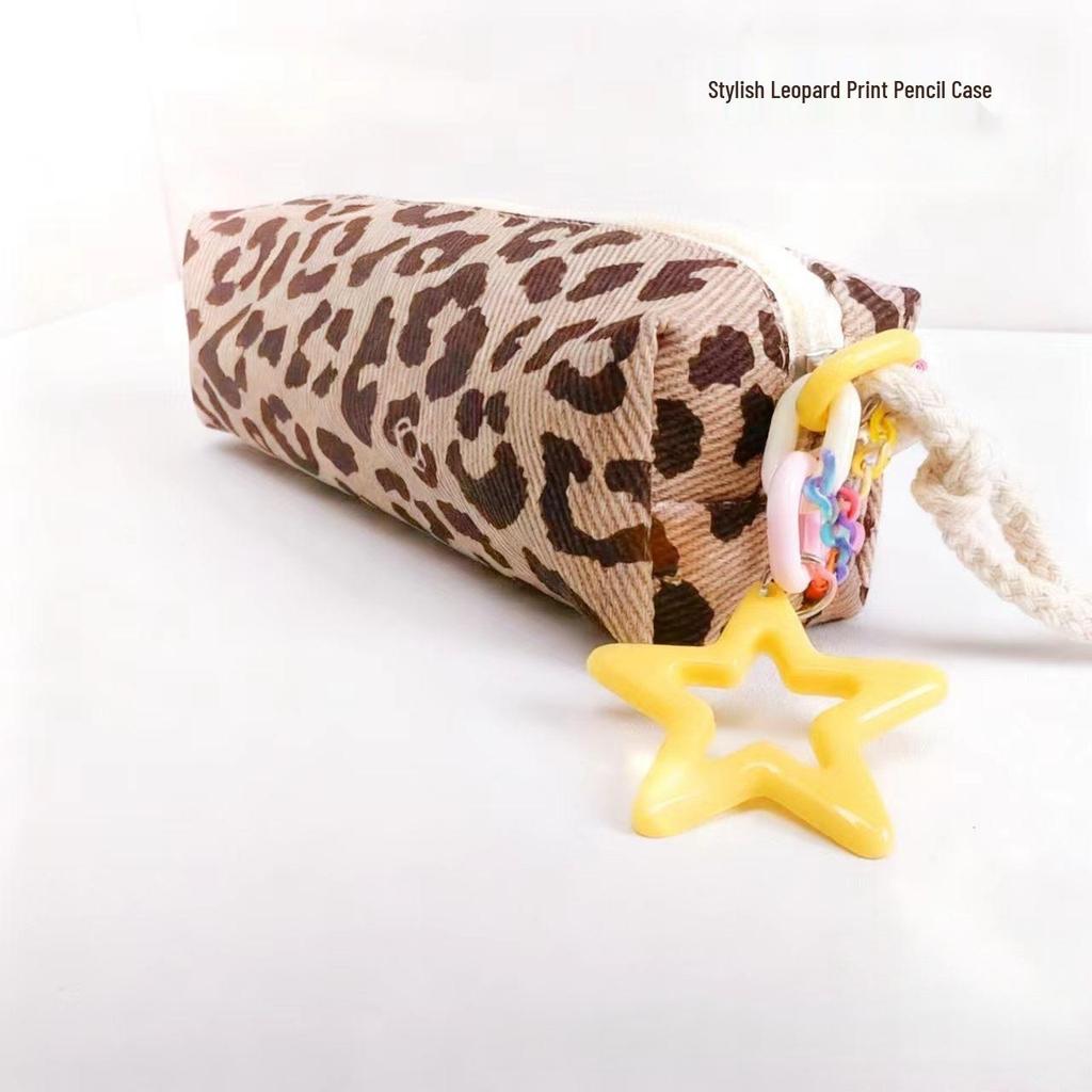 Leopard Print Canvas Pencil Case - Large Capacity for Students