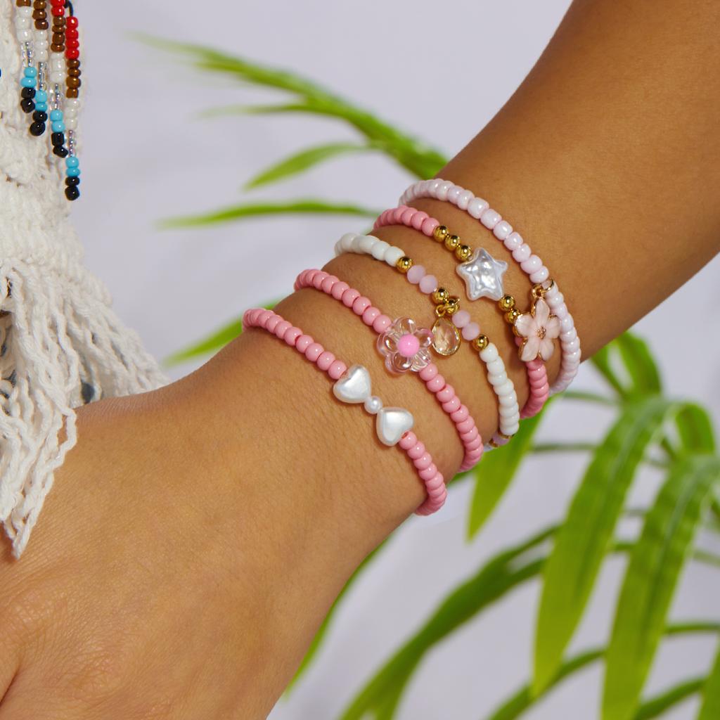 5pcs/set Bohemian Starfish Shell Imitation Pearl Bracelet for Women Ethnic Style Pink Beads Fishtail Flower Bangle Beach Jewelry