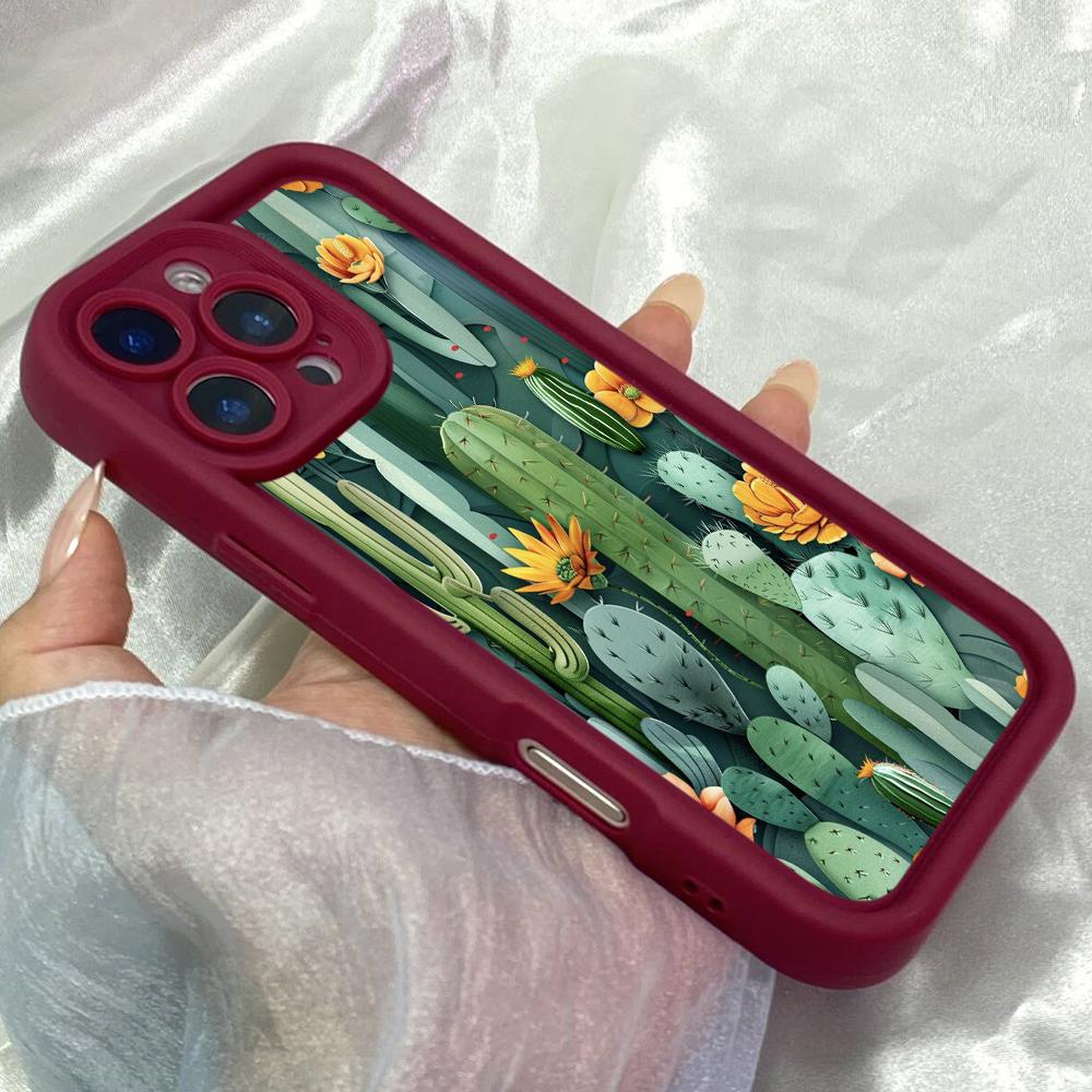 JT109 Cactus Plants Illustration for iPhone 17 16 15 Pro Max Samsung S26 S25 S24 Ultra A17 A16 A07 A56 Xiaomi 15T Redmi 15c 14C Soft TPU Case