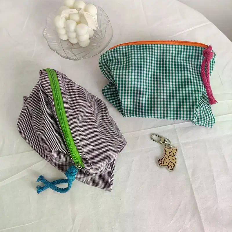 Women Girls Plaid Makeup Bag Cotton And Linen Cosmetic Bag With Zipper Pouch Simple Portable Large Capacity Storage Bag Fashion