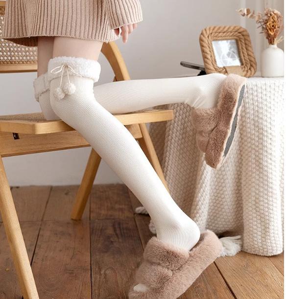 Over Above Knee Socks Long Thigh High Womens Stockings Warm Winter Ladies Girls Black Knitting Cotton Socks Thick Fur Ball