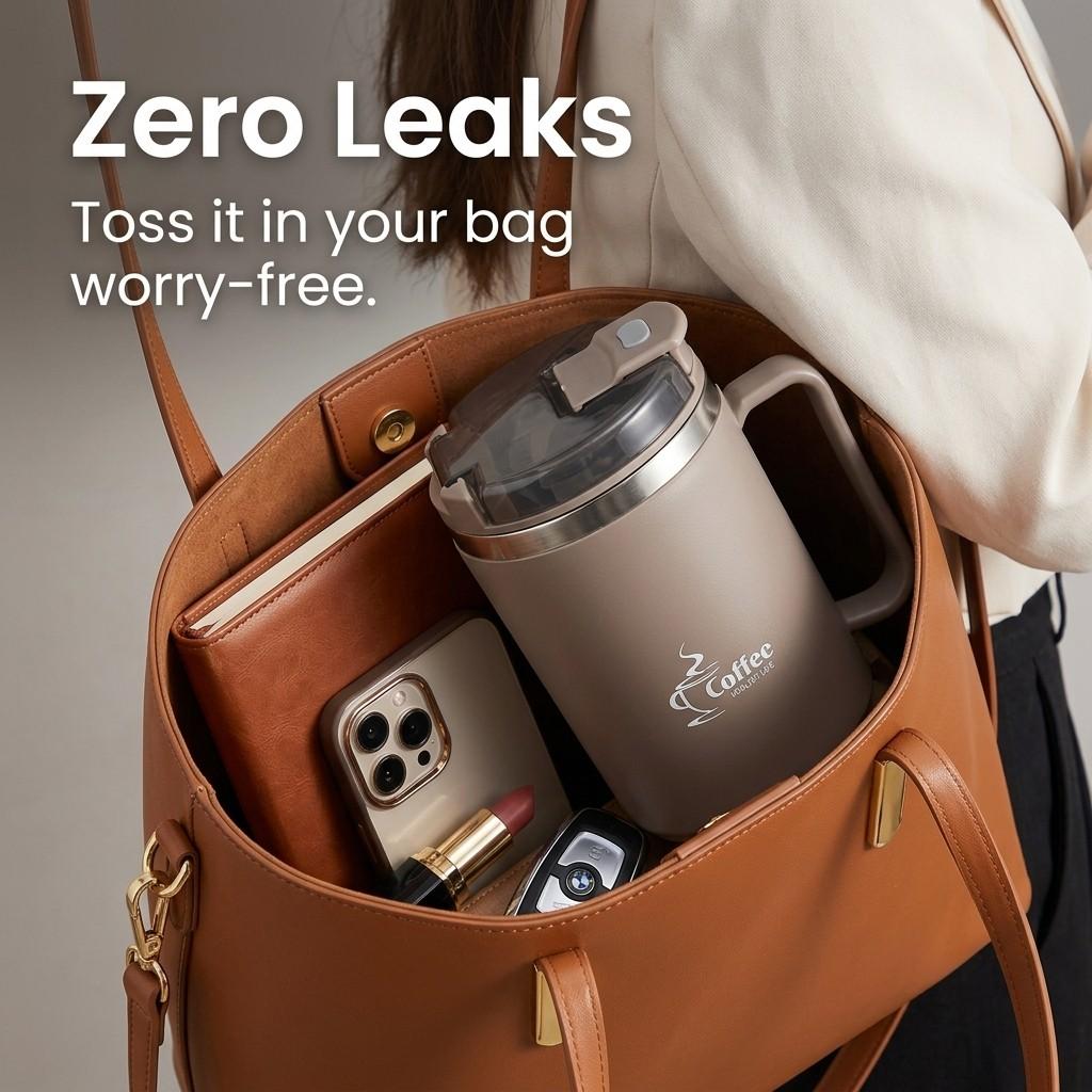 Insulated Travel Coffee Mug with Handle 304 Stainless Steel Thermal Tumbler Leakproof Tea Cup Portable Lid Strainer Spoon