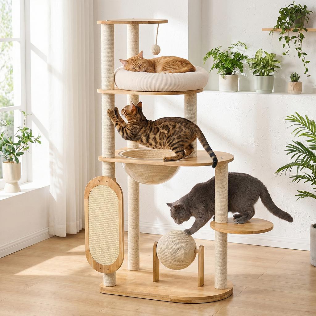 Solid Rubber Wood Cat Jumping Platform with Scratching Posts Cat Scratching Ball and Board Washable for Large & Multi-Cat Homes
