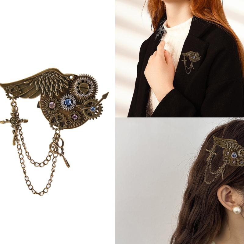 Vintage Steampunk Brosche Anstecknadel für Damen Herren PunkStyle Zahnrad Flügel Kette Brosche Reversnadel Hemd Korsage Anstecknadel Haarspange