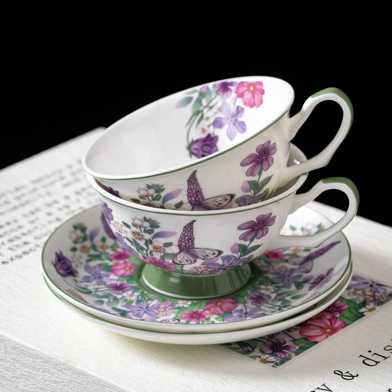 Retro Gold Foil Bone China Oil Painting Style Violet Coffee Cups and Plates Afternoon Tea Cups Latte Latte Cups Niche Gifts