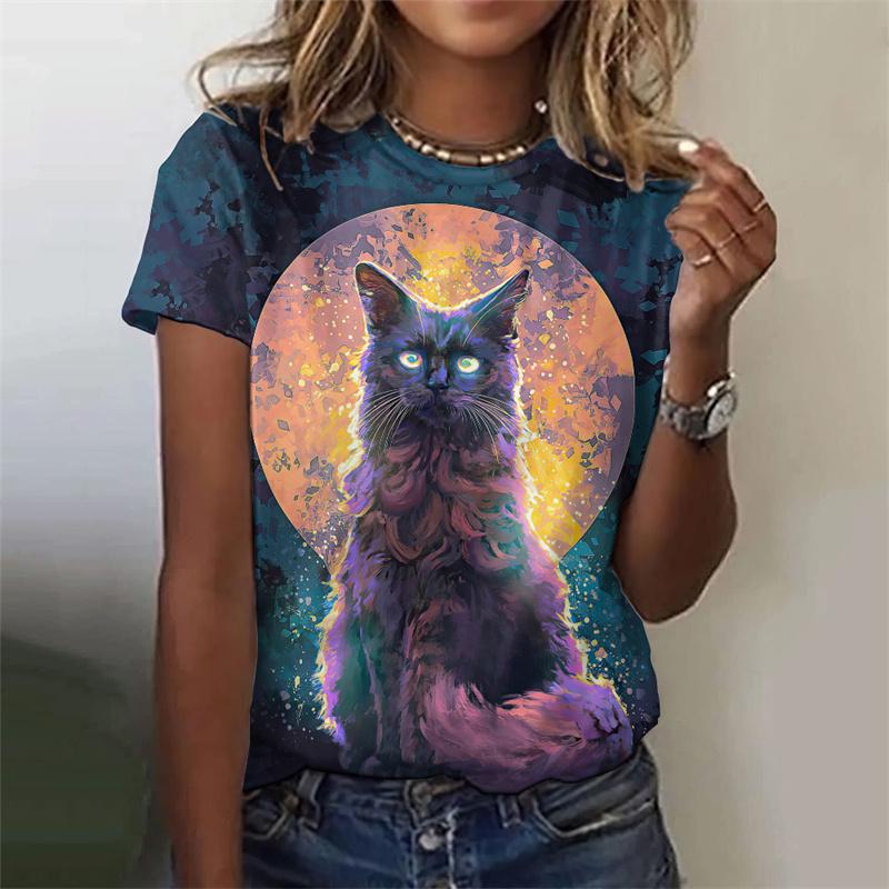 3D Printed Night Cat T-Shirt For Women Colorful Starry Sky Graphic Tees Summer Casual T Shirts Short Sleeves Round Neck Tops
