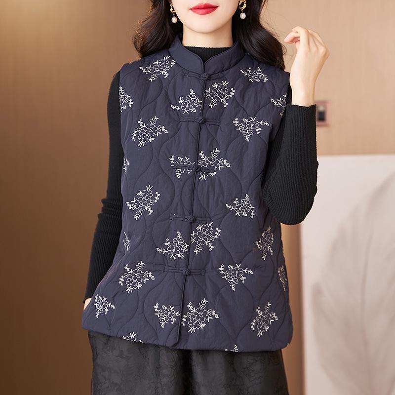 Damen Ethnisch Stil Froschknopf Steppweste – Warme Ärmellose Herbst/Winter Weste