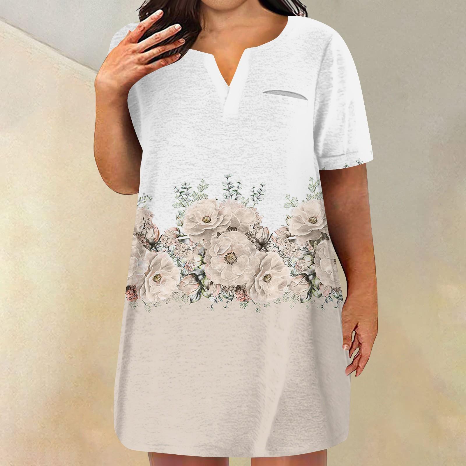 

Женские платья больших размеров с V-образным вырезом и коротким рукавом, летнее повседневное однотонное платье-туника с карманом XL хаки