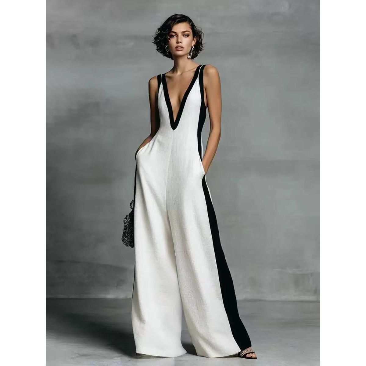 Women s Deep V Neck Sleeveless Contrast Trim Wide Leg Jumpsuit XS белый