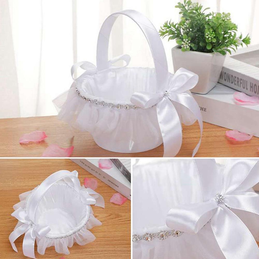 White Flower Girls Basket Simple Wedding Flower Basket Bride Bridesmaid Hand Held Basket Wedding Ceremony Party Decorations Yes