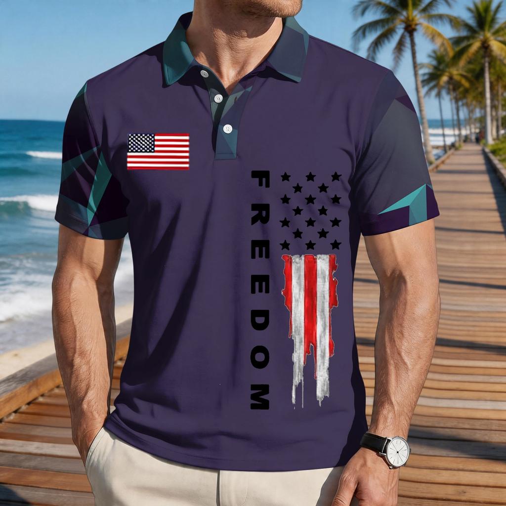 Men's Loose Fit Casual Polo Shirt Short Sleeve Button Down Collar Printed Graphic Tee with Flag Design and Freedom Text