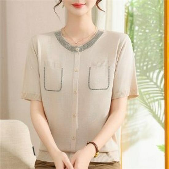 Elegant Ice Silk Short-Sleeve Knitted Top for Middle-Aged Women