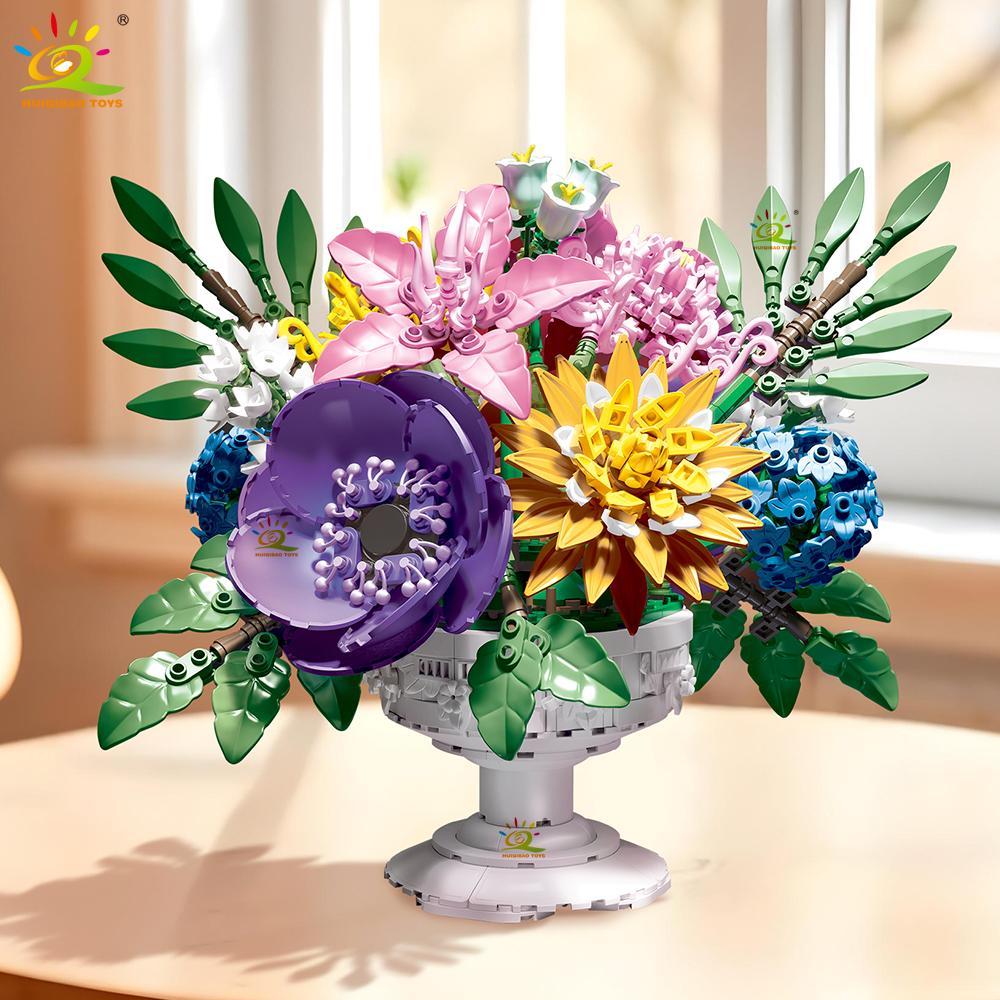 Non-Toxic 1081+Pcs Moc Flower Bouquet Model Building Block Potted Series Brick Construction Toy For Children Desk Home Decoration