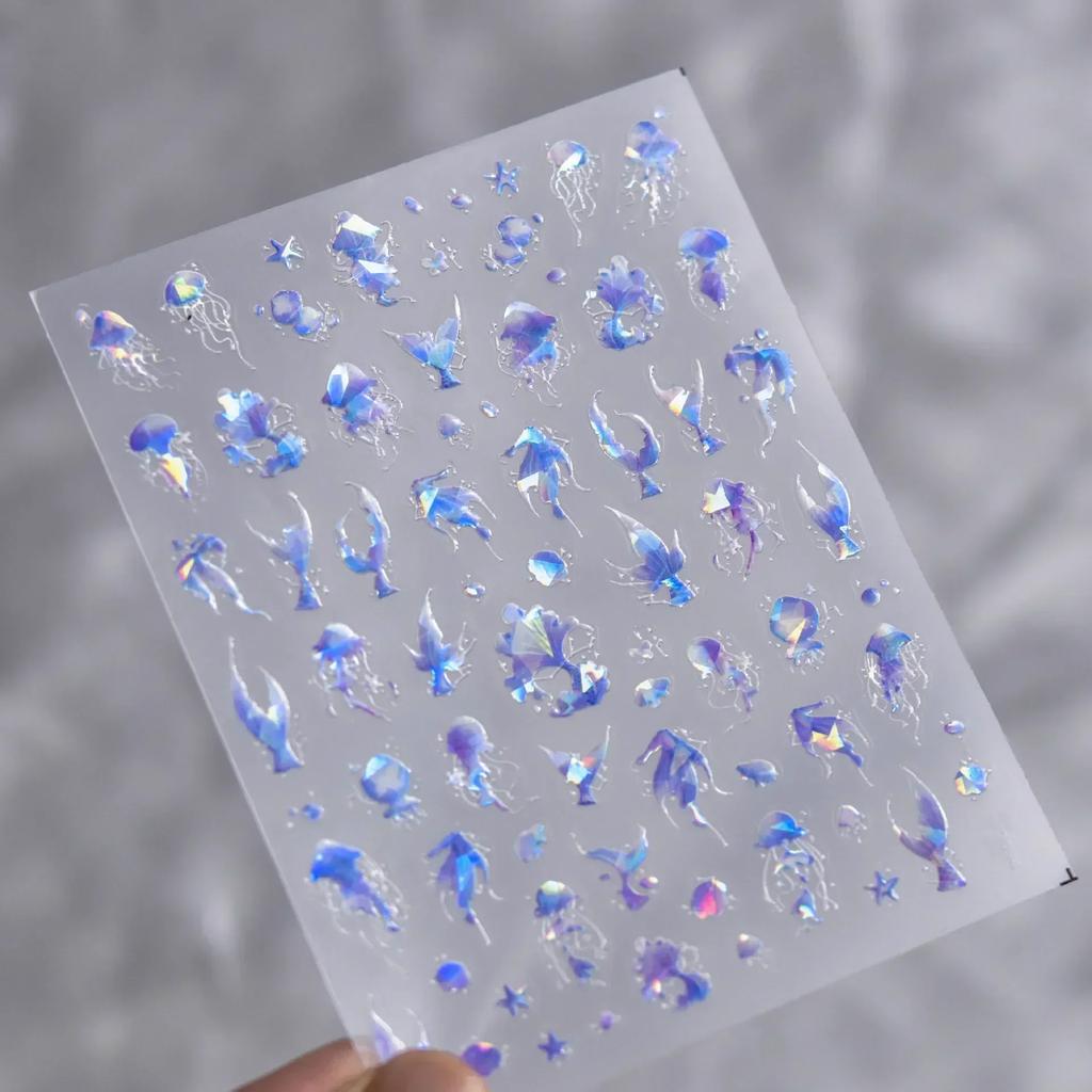 Laser Sliver Star Ocean Dolphin Whale Shoal of Fish Bubbles Sea Marine Organisms Nail Art Sticker Self Adhesive Manicure Decal