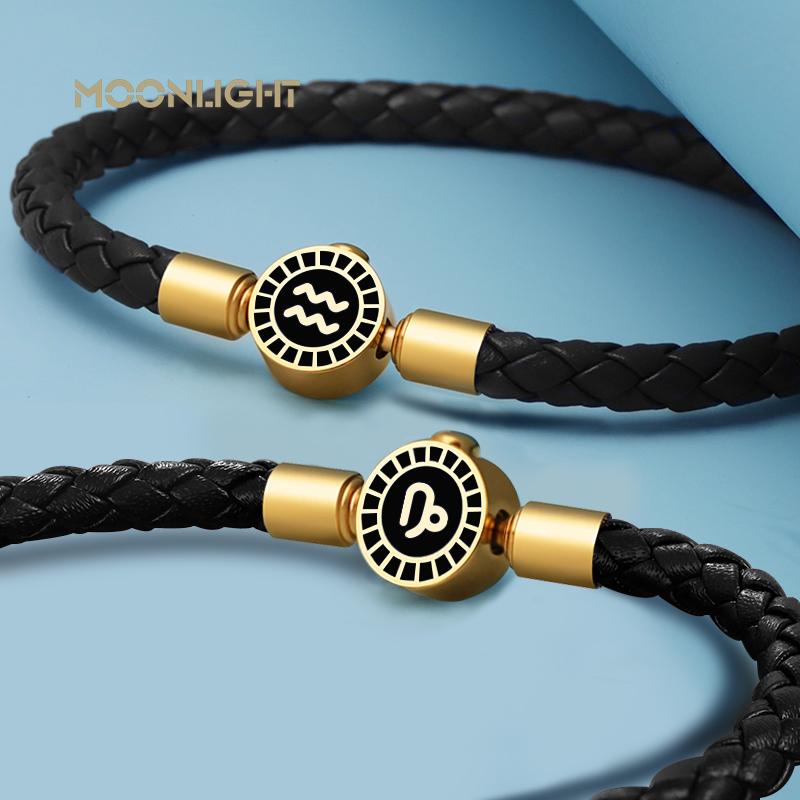 MOONLIGHT 12 Constellation Charm Bracelet 4.8mm Braided Leather Bracelet Aries Gemini Leo Libra Virgo Taurus Couple Jewelry Gift