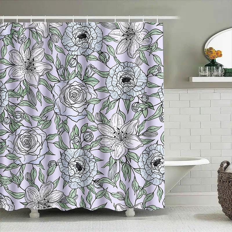 Vintage Floral Shower Curtain Modern Bathroom Decor Pink White Green Flower Pattern Fabric Waterproof Bath Mat Cover Size Custom