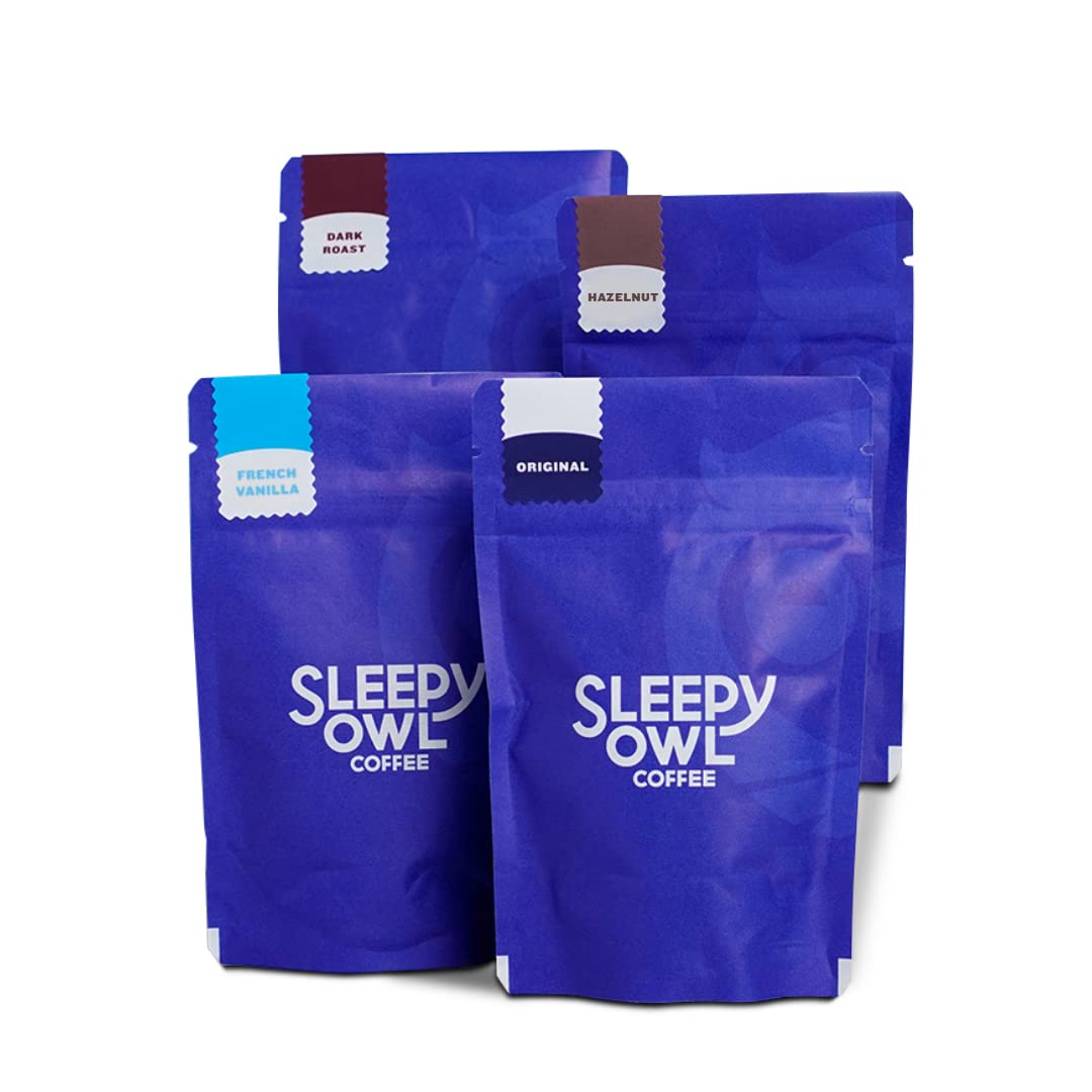 

Sleepy Owl Ground Coffee Sampler Pack Of 4 | Fine Grind | Moka Pot, Home Espresso | Medium Roast | 4 Delicious Flavors | Freshly Roasted & Ground