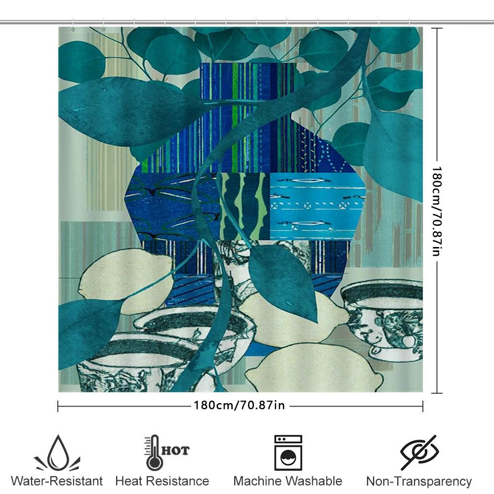 Stilvorhang Blaue Grüne Blätter Modernes Wohnaccessoire Duschpaneele Künstlerischer Fliesen-Backsplash Tapetendesign Badezimmerdekoration
