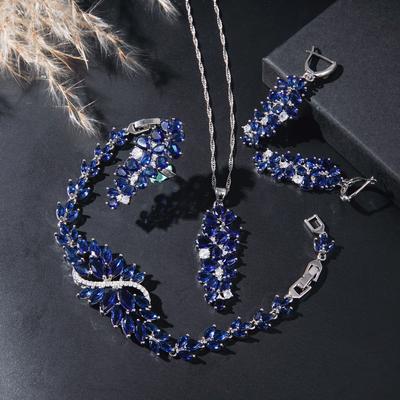 Luxury Retro Blue Zirconia Wedding Jewelry Set With Earrings, Bracelet, Ring And Necklace Pendant Sets, Elegant Party Gifts